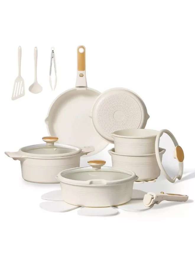 كاروت طقم أواني كاروت 24 قطعة غير لاصق بمقابض قابلة للفصل، تصميم قابل للتكديس من ألومنيوم صحي خالٍ من PFOA، مزود بفتحات صب، متوافق مع جميع المواقد وآمن لغسالة الصحون (أبيض)